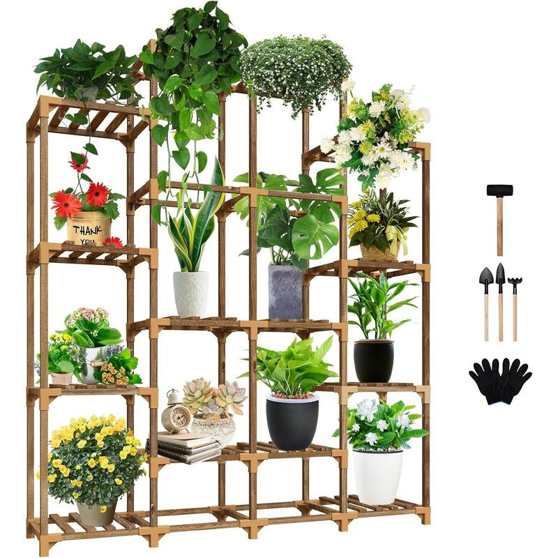 Plant Stand Indoor Outdoor, Tall Plant Shelf for Multiple Plants, 10 Tiers 11 Pot Large Plant Rack Wood Plant Holder Plant Shelves for Room Corner Balcony Garden Patio Arch Fabric Beds Supplies Marker Boxes Clip Decoration