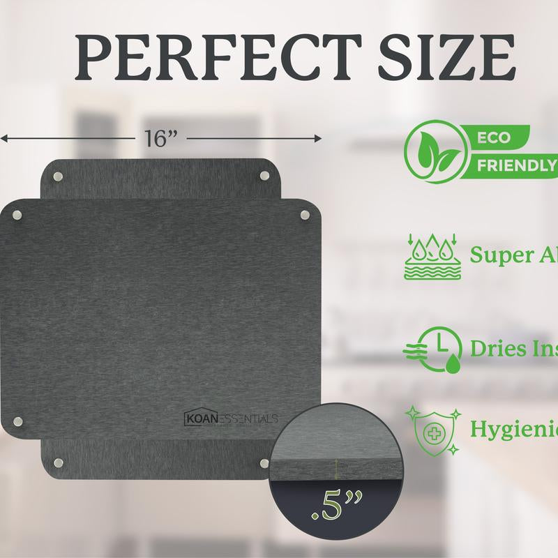 Koanessentials Eco-Friendly Diatomaceous Earth Stone Drying Mats for Kitchen Counter, Eco-Friendly Diatomaceous Earth Mats, (16X12 Inch,Grey) 2 Pack