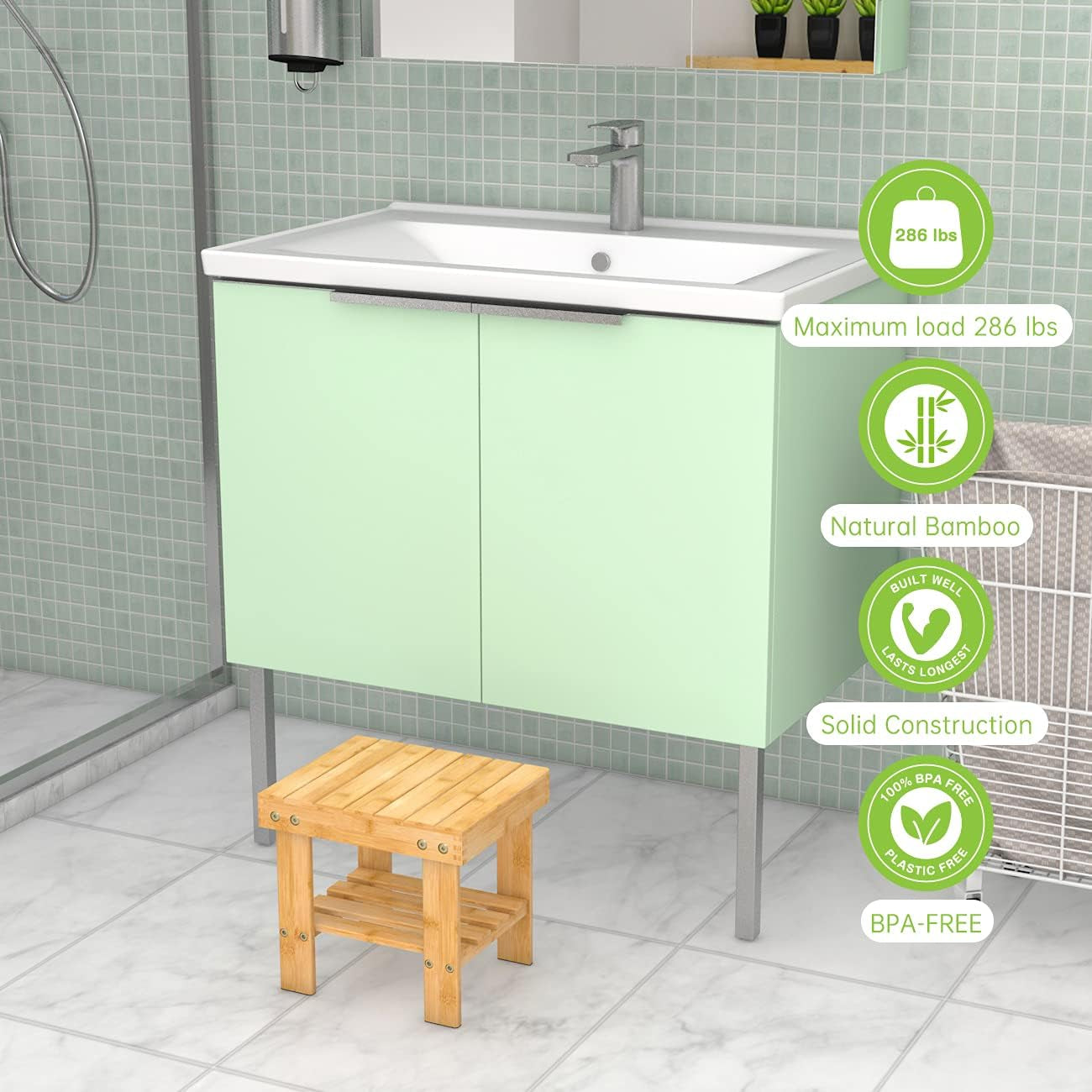 Wooden Step Stool for Kids Adults Small Wood Shower Foot Rest Stool Shaving Legs Potty Stool for Bathroom Sink Bed Kitchen (Nature, 10.6 X 8.8 X 8.8 Inches)