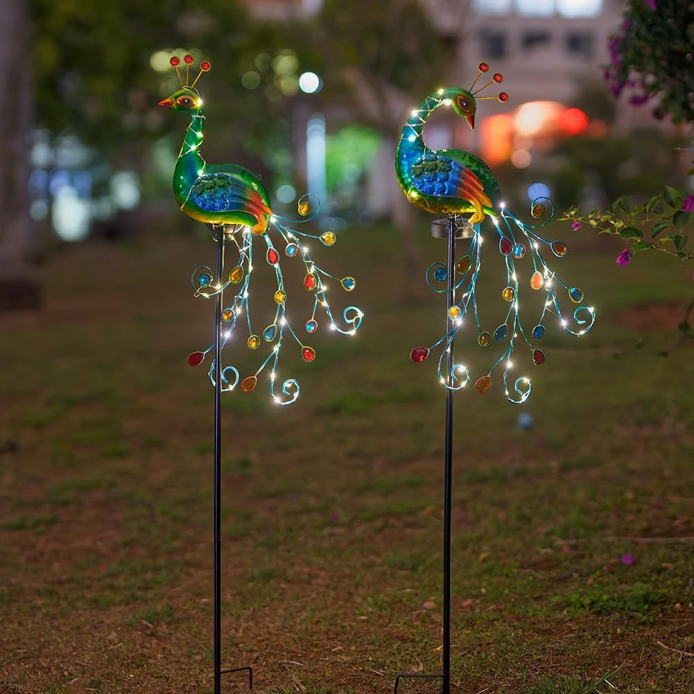 2 Pack Solar Stake Lights Outdoor Waterproof Metal Peacock Solar Lights for Yard Garden Patio Pathway Walkway, Green