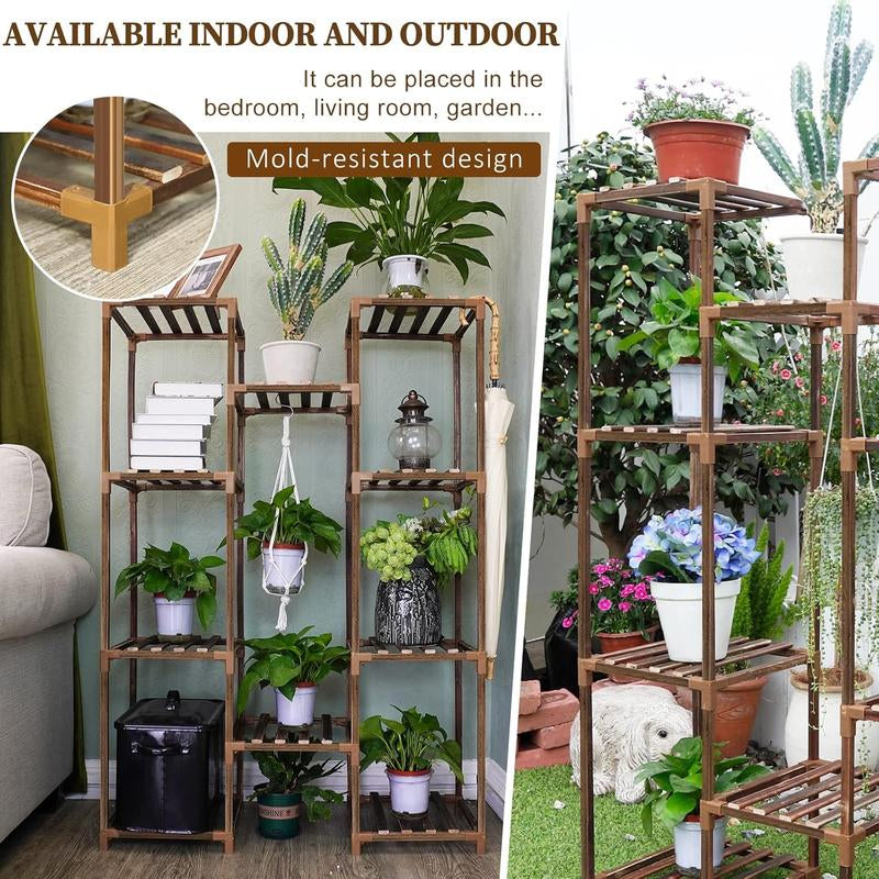 Plant Stand Indoor Outdoor, Tall Plant Shelf for Multiple Plants, 10 Tiers 11 Pot Large Plant Rack Wood Plant Holder Plant Shelves for Room Corner Balcony Garden Patio Arch Fabric Beds Supplies Marker Boxes Clip Decoration