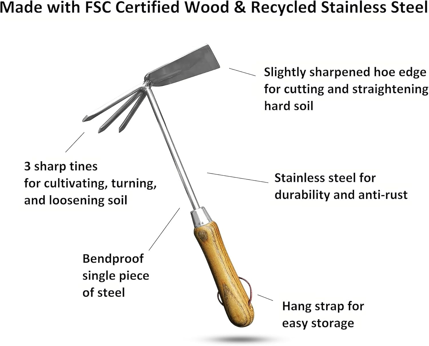 Garden Guru Eco Hand Cultivator Hoe Tiller Tool - 100% Recycled Stainless Steel - Rust Resistant - FSC Certified Wood Ergonomic Handle -Great for Gardening Cultivating Loosening Weeding