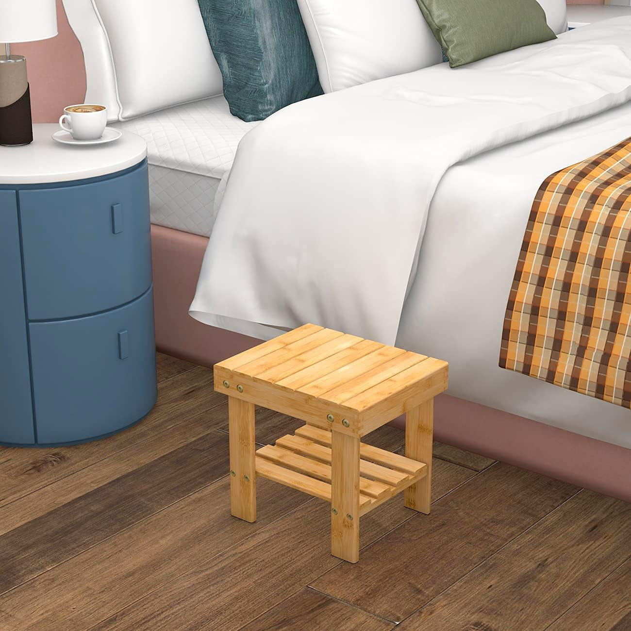 Wooden Step Stool for Kids Adults Small Wood Shower Foot Rest Stool Shaving Legs Potty Stool for Bathroom Sink Bed Kitchen (Nature, 10.6 X 8.8 X 8.8 Inches)