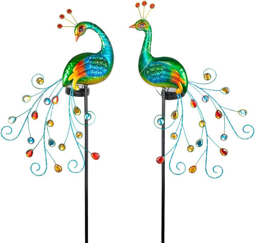 2 Pack Solar Stake Lights Outdoor Waterproof Metal Peacock Solar Lights for Yard Garden Patio Pathway Walkway, Green