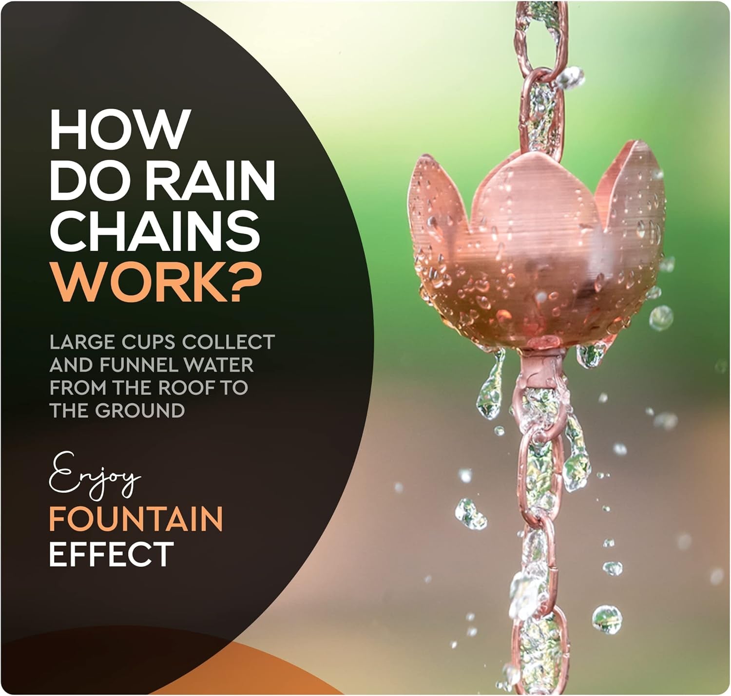 Copper Rain Chain – Decorative Chimes & Cups Replace Gutter Downspout & Divert Water Away from Home for Stunning Fountain Display – 3’ Long for Universal Fit – Flower Style