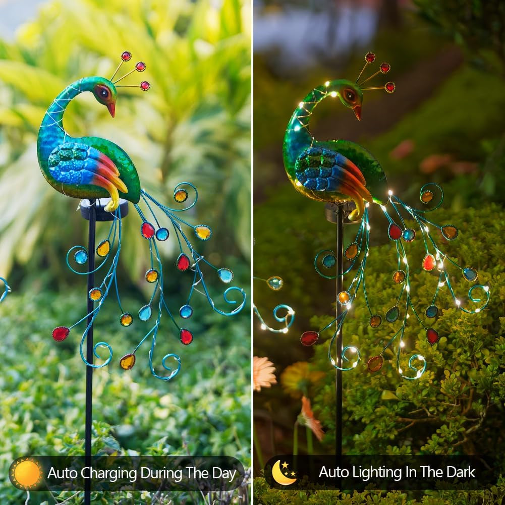 2 Pack Solar Stake Lights Outdoor Waterproof Metal Peacock Solar Lights for Yard Garden Patio Pathway Walkway, Green