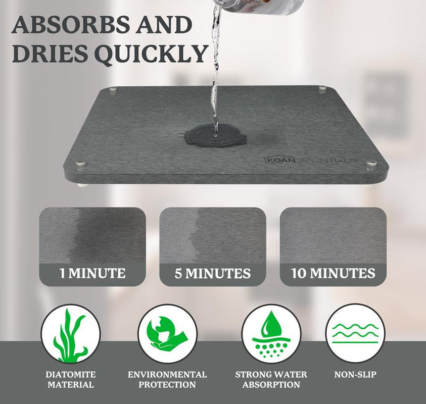 Koanessentials Eco-Friendly Diatomaceous Earth Stone Drying Mats for Kitchen Counter, Eco-Friendly Diatomaceous Earth Mats, (16X12 Inch,Grey) 2 Pack