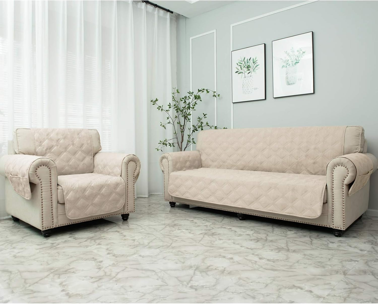 Sofa Cover 100% Waterproof Non-Slip Quilted Furniture Protector Sofa Slipcover for Children, Pets for Leather Couch (Beige, 68")