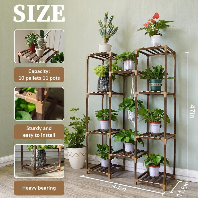 Plant Stand Indoor Outdoor, Tall Plant Shelf for Multiple Plants, 10 Tiers 11 Pot Large Plant Rack Wood Plant Holder Plant Shelves for Room Corner Balcony Garden Patio Arch Fabric Beds Supplies Marker Boxes Clip Decoration