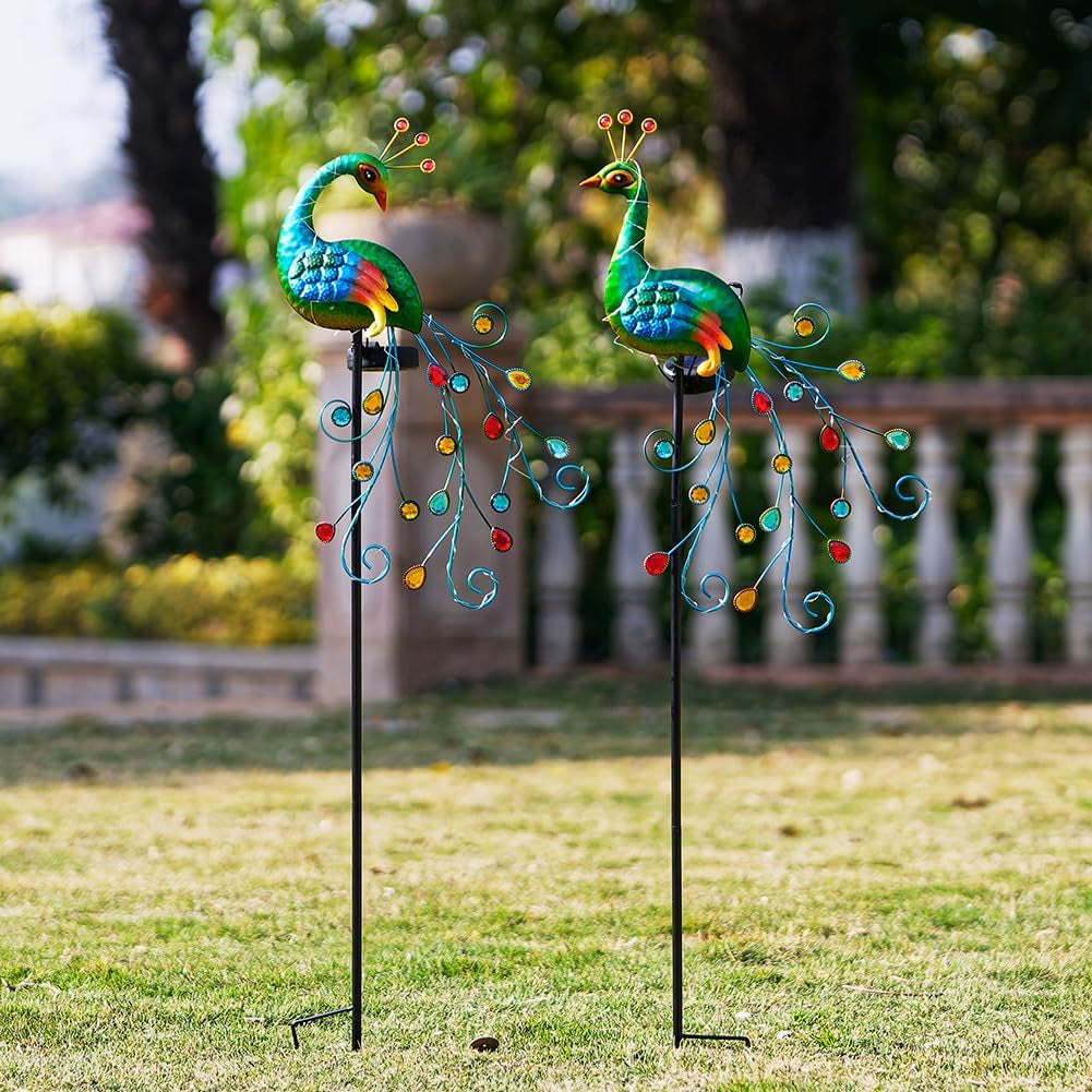 2 Pack Solar Stake Lights Outdoor Waterproof Metal Peacock Solar Lights for Yard Garden Patio Pathway Walkway, Green