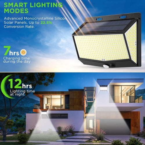 4 Packs Solar Lights Outdoor 468 Leds Motion Sensor Lights with 3 Lighting Modes, 270° Wide-Angle, IP65 Waterproof, Security Lights for outside Wall, Fence, Patio, Yard, Garden(4 Pcs)