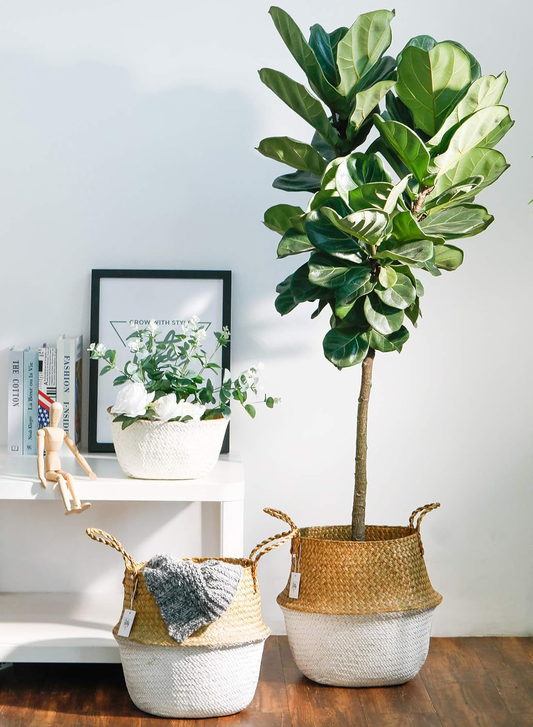 730202 Seagrass Plant Basket Set of 3 Hand Woven Belly Basket with Handles, Large Storage Laundry Picnic Plant Pot Cover Home Decor & Woven Straw Beach Bag (M+L+XL, Original+White)