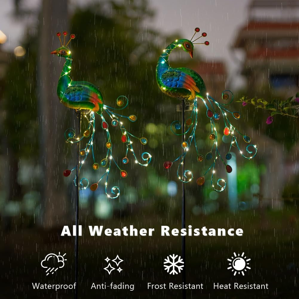 2 Pack Solar Stake Lights Outdoor Waterproof Metal Peacock Solar Lights for Yard Garden Patio Pathway Walkway, Green