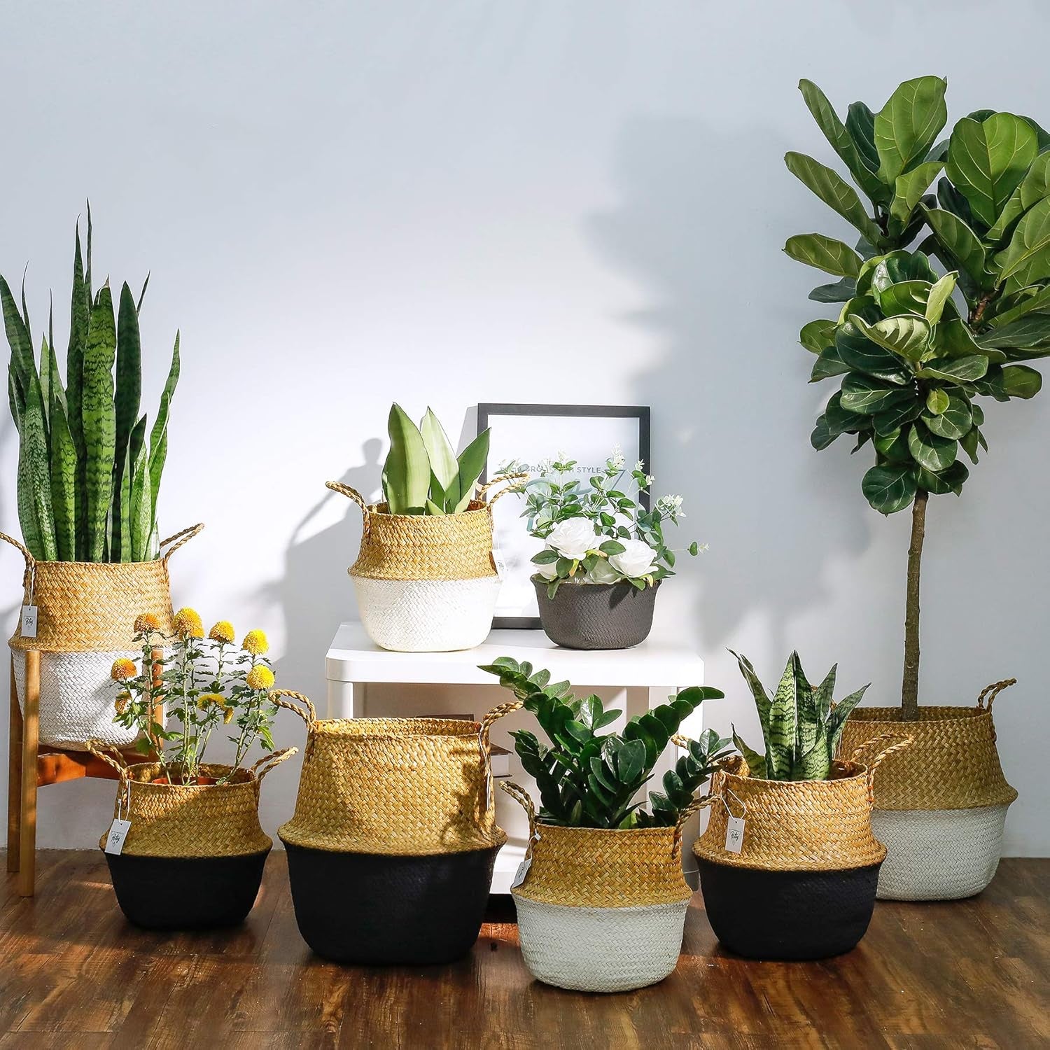 730202 Seagrass Plant Basket Set of 3 Hand Woven Belly Basket with Handles, Large Storage Laundry Picnic Plant Pot Cover Home Decor & Woven Straw Beach Bag (M+L+XL, Original+White)