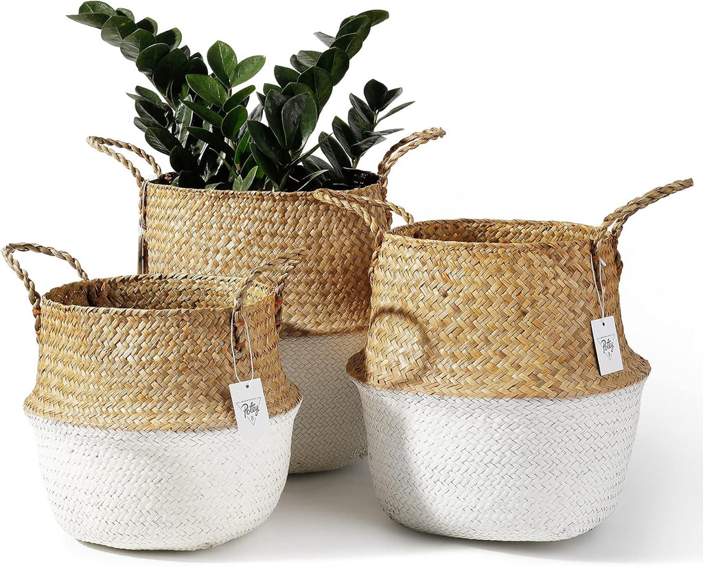 730202 Seagrass Plant Basket Set of 3 Hand Woven Belly Basket with Handles, Large Storage Laundry Picnic Plant Pot Cover Home Decor & Woven Straw Beach Bag (M+L+XL, Original+White)