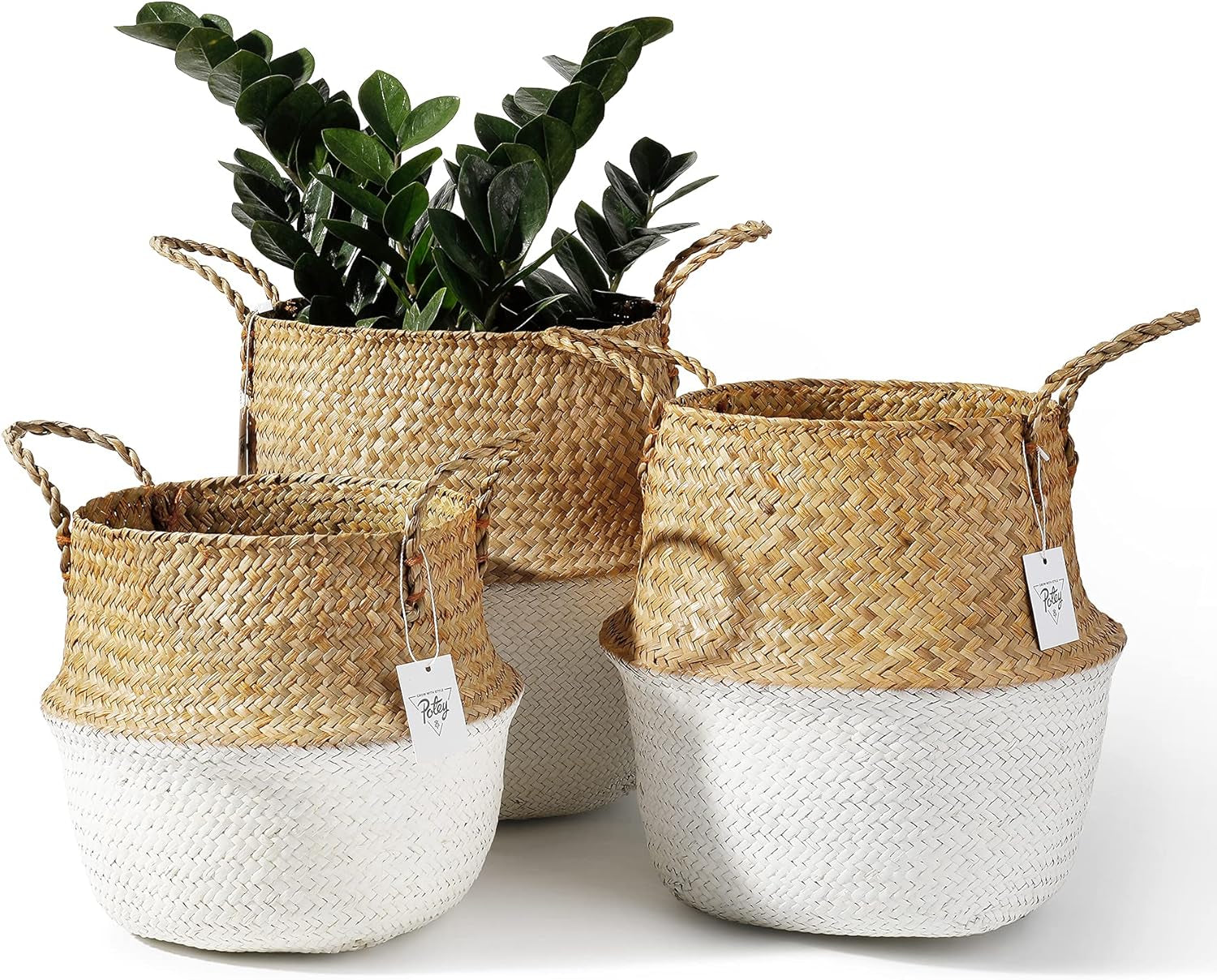 730202 Seagrass Plant Basket Set of 3 Hand Woven Belly Basket with Handles, Large Storage Laundry Picnic Plant Pot Cover Home Decor & Woven Straw Beach Bag (M+L+XL, Original+White)