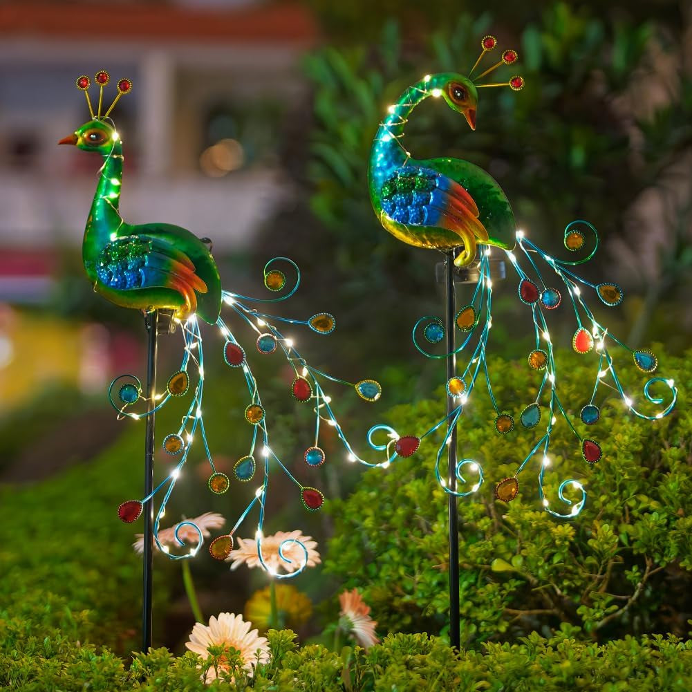 2 Pack Solar Stake Lights Outdoor Waterproof Metal Peacock Solar Lights for Yard Garden Patio Pathway Walkway, Green