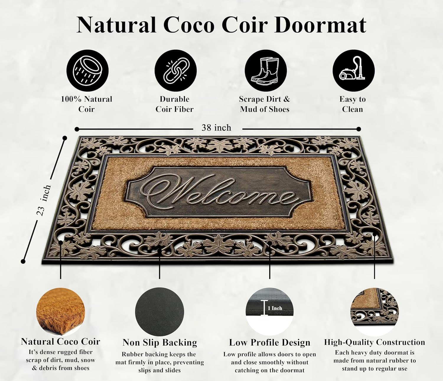 A1HC Natural Coir and Rubber Door Mat, 38X23, Thick Durable Doormats for Indoor Outdoor Entrance, Heavy Duty, Thin Profile Door Mat, Easy to Clean, Long Lasting, Front Door Entry Doormat