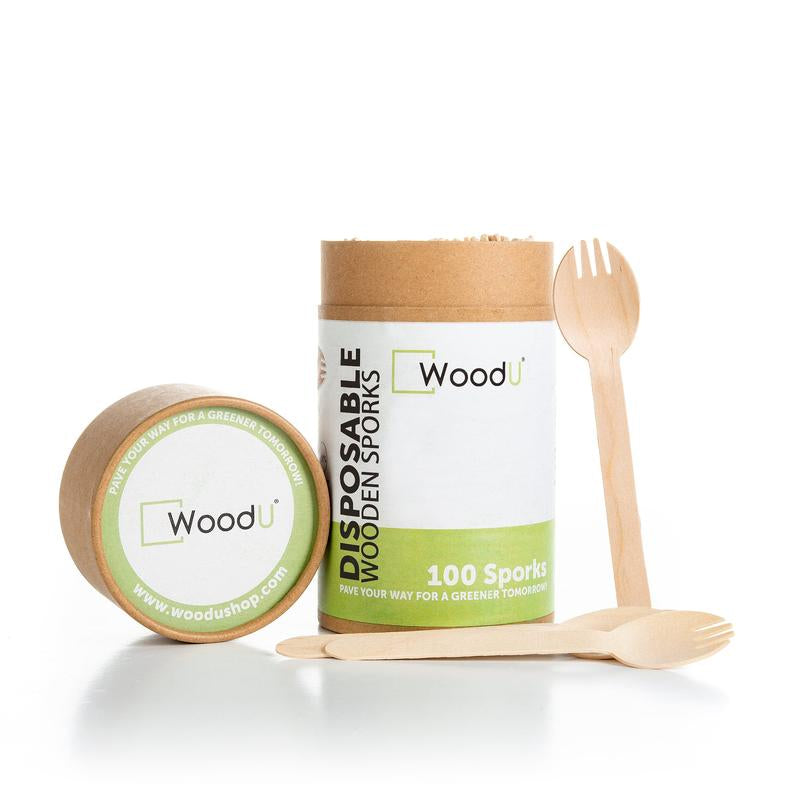 Woodu Disposable Wooden Sporks 100 Pcs All Natural Eco-Friendly Non-Toxic