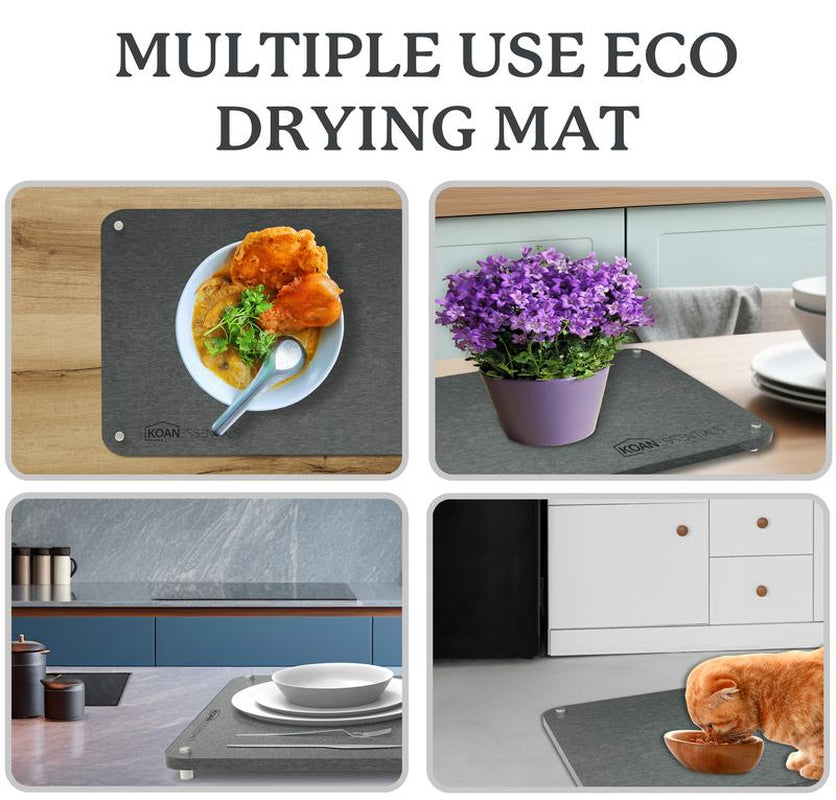 Koanessentials Eco-Friendly Diatomaceous Earth Stone Drying Mats for Kitchen Counter, Eco-Friendly Diatomaceous Earth Mats, (16X12 Inch,Grey) 2 Pack