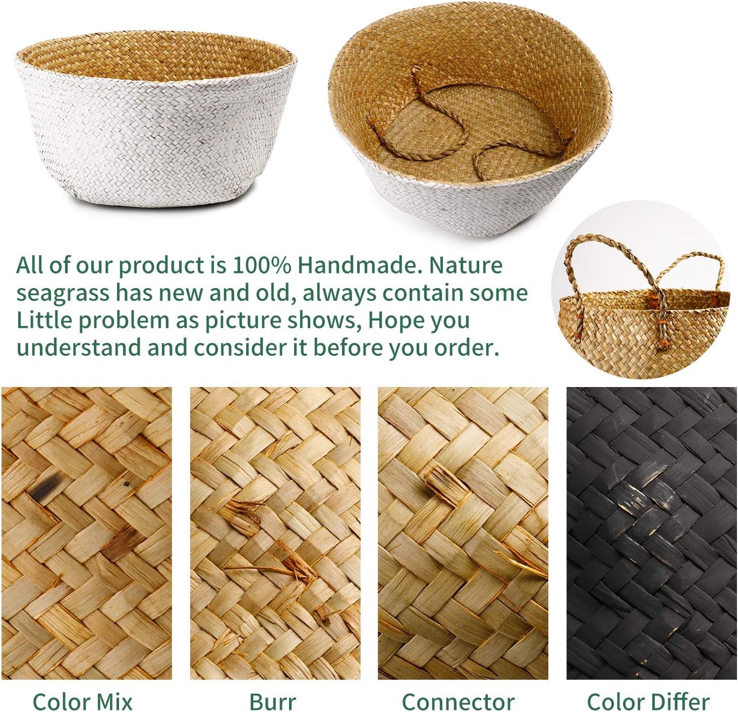 730202 Seagrass Plant Basket Set of 3 Hand Woven Belly Basket with Handles, Large Storage Laundry Picnic Plant Pot Cover Home Decor & Woven Straw Beach Bag (M+L+XL, Original+White)