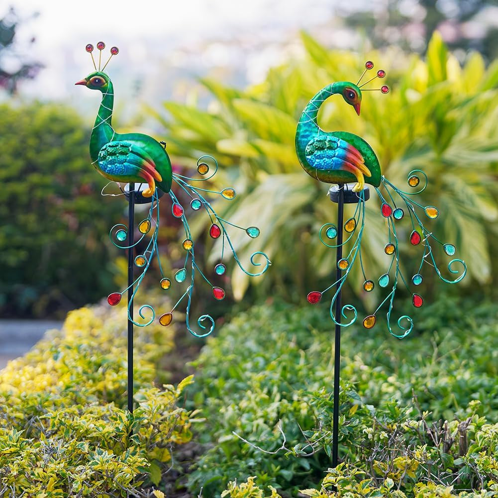 2 Pack Solar Stake Lights Outdoor Waterproof Metal Peacock Solar Lights for Yard Garden Patio Pathway Walkway, Green