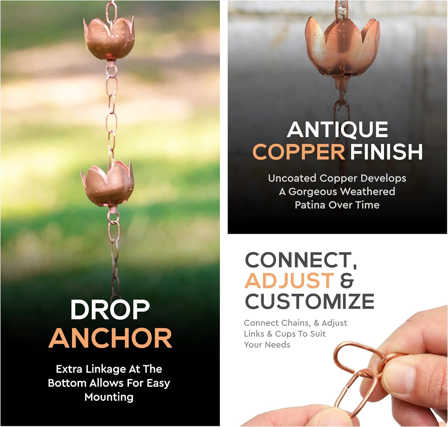 Copper Rain Chain – Decorative Chimes & Cups Replace Gutter Downspout & Divert Water Away from Home for Stunning Fountain Display – 3’ Long for Universal Fit – Flower Style