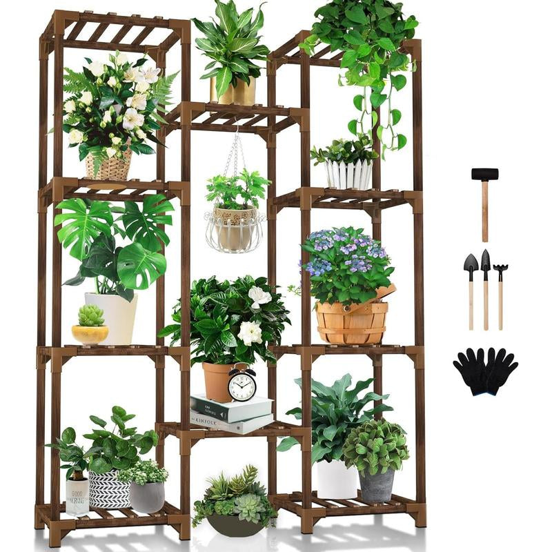 Plant Stand Indoor Outdoor, Tall Plant Shelf for Multiple Plants, 10 Tiers 11 Pot Large Plant Rack Wood Plant Holder Plant Shelves for Room Corner Balcony Garden Patio Arch Fabric Beds Supplies Marker Boxes Clip Decoration