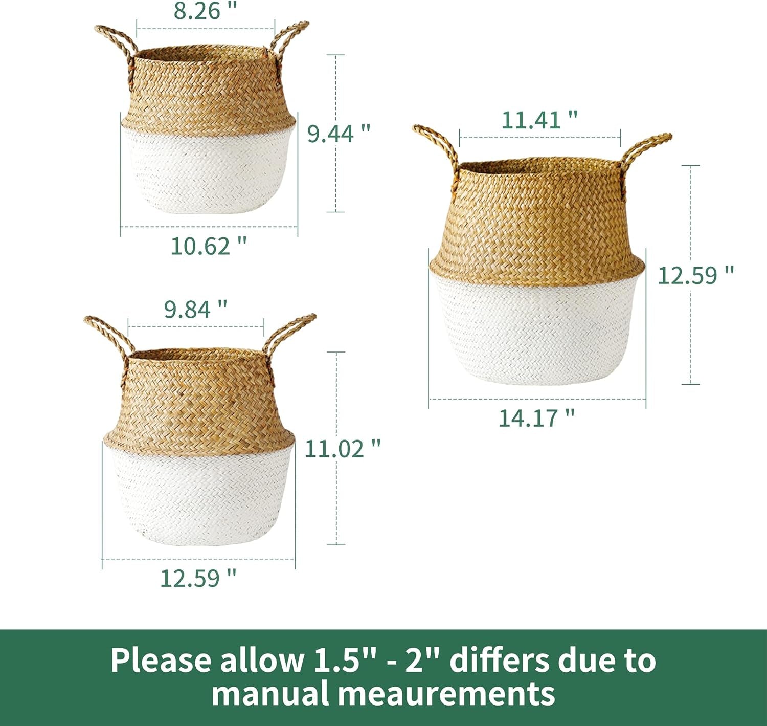 730202 Seagrass Plant Basket Set of 3 Hand Woven Belly Basket with Handles, Large Storage Laundry Picnic Plant Pot Cover Home Decor & Woven Straw Beach Bag (M+L+XL, Original+White)