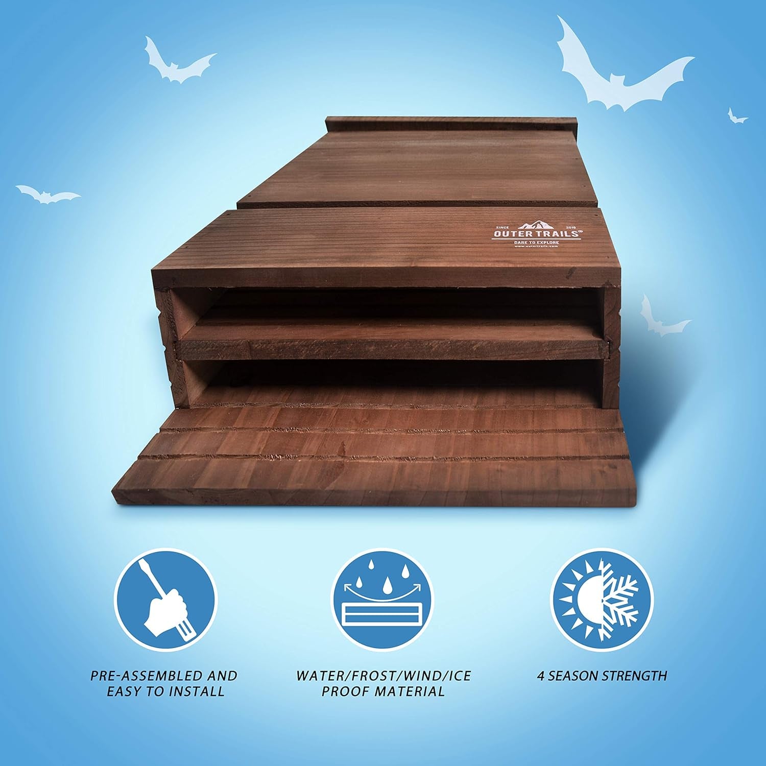 Japanese Cedar Bat House Habitat: Two Chambers, Weatherproof, Easy Install, Brown