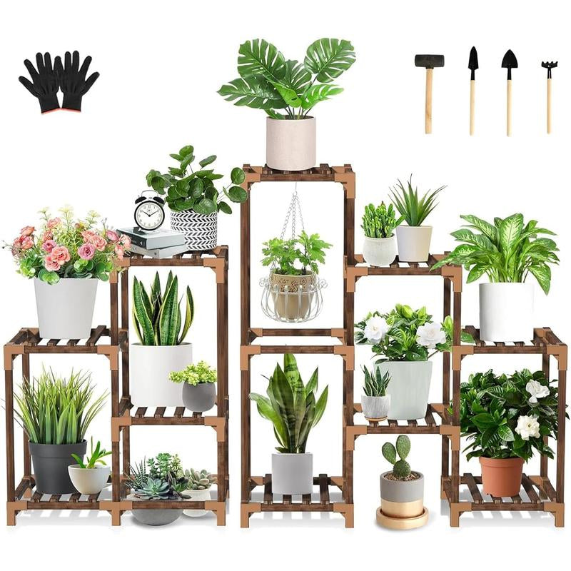 Plant Stand Indoor Outdoor, Tall Plant Shelf for Multiple Plants, 10 Tiers 11 Pot Large Plant Rack Wood Plant Holder Plant Shelves for Room Corner Balcony Garden Patio Arch Fabric Beds Supplies Marker Boxes Clip Decoration